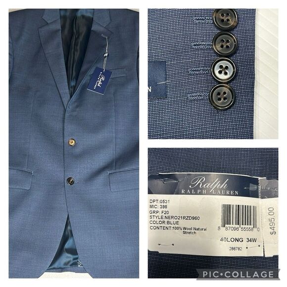 NWT Ralph Lauren‎ Mens Blue Wool Natural Stretch 40L 34W Suit Jacket Blazer $495
